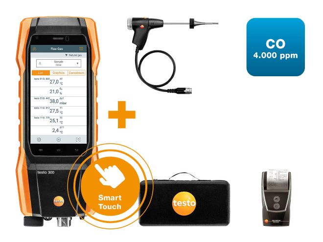 Flue Gas Analyser Set (O2, CO up to 4,000 ppm) with Printer - Testo 300